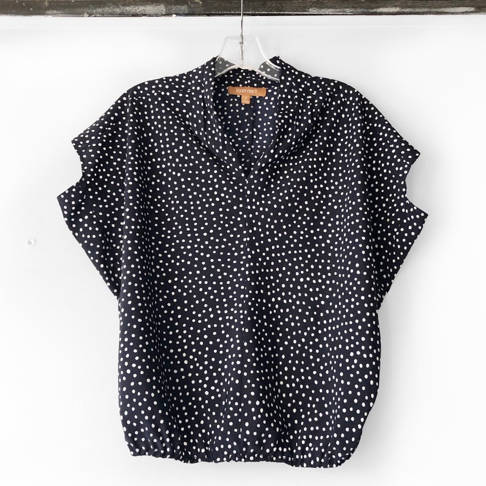 Ellen Tracy navy polka dot v-neck blouse bubble top
